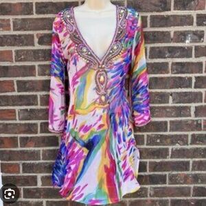 WOMEN'S SOLITAIRE SWIM SWIMSUIT COVER UP Sheer DRESS MULTICOLORED BEJEWELED SZ M